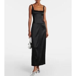 SIR. Black Sonora Satin Silk Evening Midi Dress 0P NEW Sleeveless Square Neck